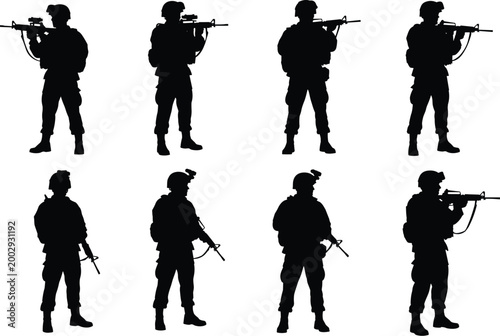 Soldier silhouettes set with military personnel holding rifles in standing poses tactical army combat vector illustration collection