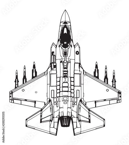 Stealth Fighter Jet Silhouette Vector, Top View Military Aircraft, Black and White Aviation Illustration