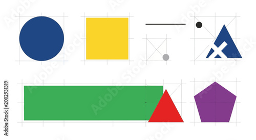 Set of Colorful Geometric Shapes and Construction Lines on White Background
