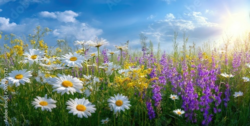 Sunlit meadow bursts with white daisies and purple wildflowers under blue sky