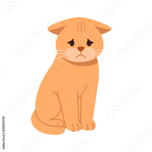 Sad Cat Isolated on White Background. Pet Cartoon Character. Flat Vector Illustration.