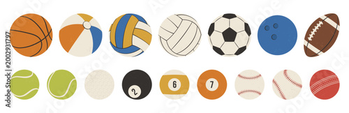 Vector sports balls collection in retro flat style isolated on white background. Set of various balls for basketball, volleyball, soccer, bowling, rugby, tennis, golf, billiard and cricket.