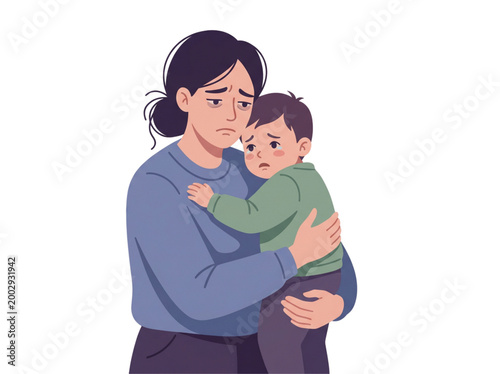 Emotional vector illustration of a stressed mother holding her toddler , highlighting parental burnout for Global Day of Parents
