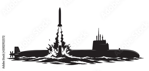 Submarine Silhouette Vector with Missile Launch, Naval Submarine at Sea, Black and White Military Illustration
