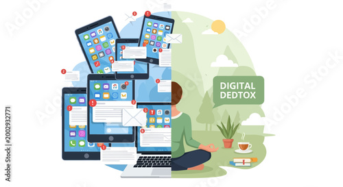 Conceptual illustration contrasting digital overload with tranquil mindfulness, showing a person meditating peacefully next to a plant, books, and tea, opposing a chaotic pile of phones