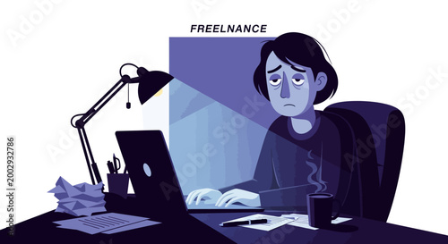 Stylized vector illustration depicts a tired freelance worker sitting at a desk with a laptop and crumpled papers, illuminated by a desk lamp in a room with muted blue and purple tones
