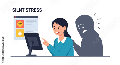 An illustration shows a smiling woman interacting with a computer while a dark, shadowy figure representing silent stress looms behind her against a clean white background