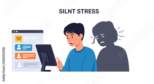 Conceptual vector illustration depicting a young man using a computer with a happy expression, contrasted by a dark silhouette expressing stress, set against a clean white background