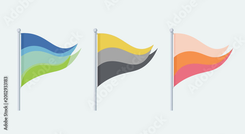 Set of Three Colorful Wavy Flags on Poles