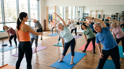 Woman instructor teaching yoga to a group of seniors in a fitness studio. Group of elderly people exercising on mats to improve balance and flexibility. Healthy lifestyle and wellness.