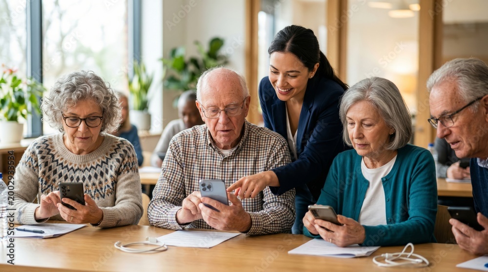 Obraz premium Young woman instructor helping senior man use smartphone. Seniors attending digital literacy class and learning mobile technology skills. Older people education and digital inclusion concept.