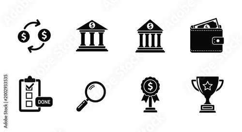 Professional set of financial and management vector icons including currency exchange bank buildings wallet cash magnifying glass checklist and award trophy.