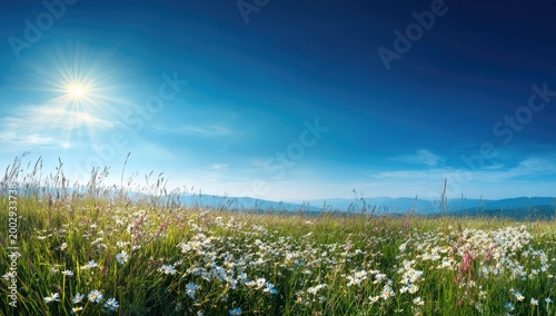 Sunny meadow with wildflowers and distant rolling hills under a clear blue sky