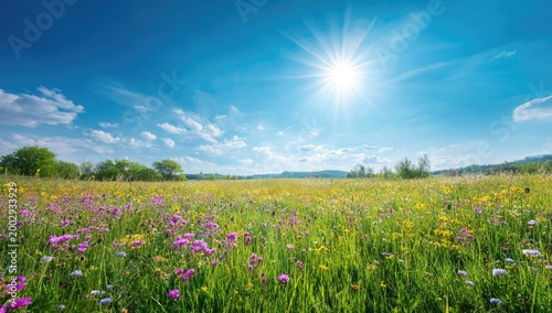 Bright sunny day over a colorful meadow blooming with wildflowers under a vast blue sky