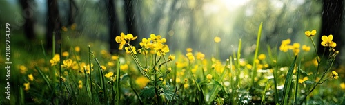 Soft light filters through a forest canopy onto yellow wildflowers