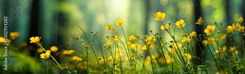 Golden wildflowers bloom in soft, sunlit forest greens