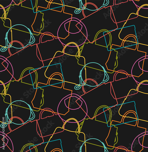 Vector fashionable seamless pattern with colorful contour silhouette of bags on dark background. Texture with outline purses and clutches