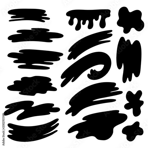 Vector set of monochrome hand drawn paint strokes isolated on the background. Collection of black silhouette of brush smudges