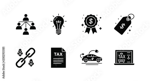 Modern vector icons representing business concepts and finance, such as teamwork, idea, award, tag, link, tax document, electric car, and tax on laptop.