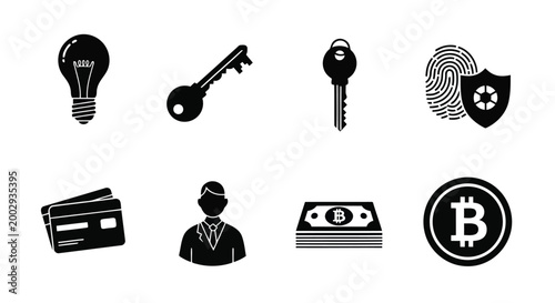 Collection of black icons for security, finance, and innovation, including light bulb, keys, fingerprint, credit cards, businessman, bitcoin, and money.