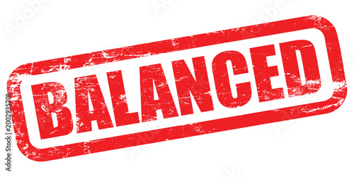 A bright red rubber stamp vector with the word 'BALANCED' boldly embossed on it isolated on white background