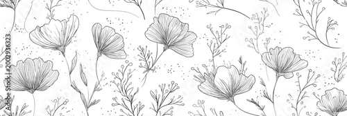 Christmas botanical seamless pattern with line art flowers. Delicate hand-drawn floral elements creating a repetitive winter season design