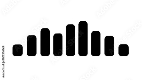A black and white graphic representing a sound wave or equalizer bars, with varying heights and spacing.
