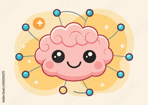 Cute brain character with pink wavy hair connected by nodes