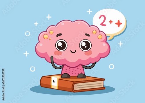 Cute brain character sits on a book with math symbols