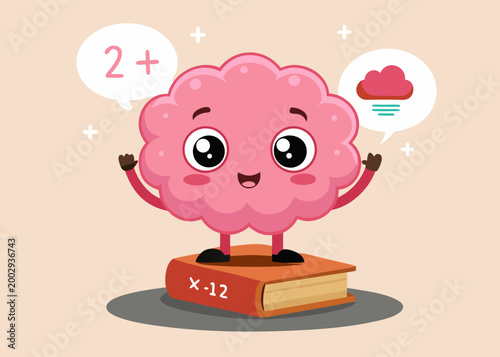 Happy brain character on book with math equation speech bubble