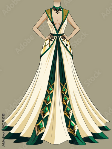 Elegant cream and green gown with geometric gold patterns