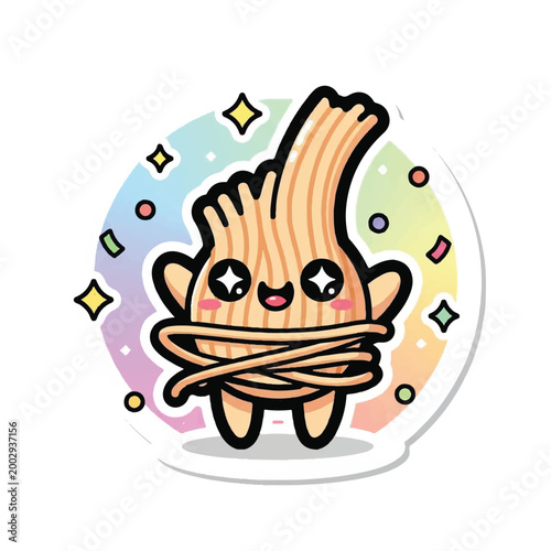 Cute cartoon noodle character smiling.