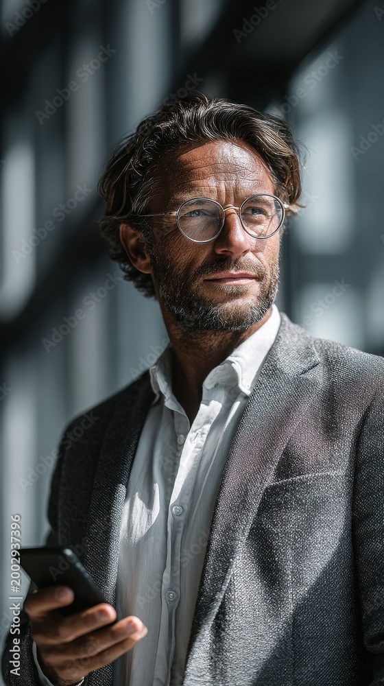 Fototapeta premium Business executive using smartphone for AI analytics in modern office, focused on data insights, clean vertical composition, soft daylight, premium professional lifestyle concept