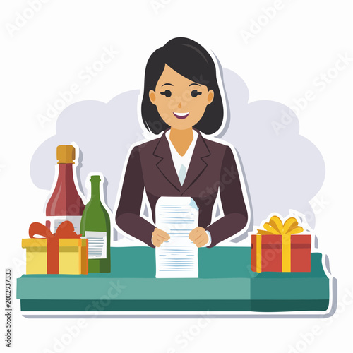 Businesswoman with gifts and drinks at desk