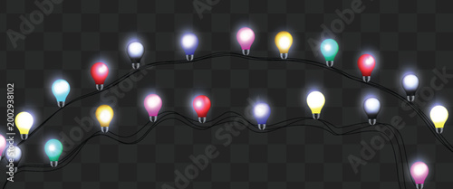  Festive Christmas light multicolored garlands PNG. Decor element for postcards, invitations, backgrounds, business cards. Winter new collection 2026.