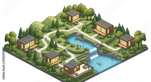 Isometric illustration showing a peaceful retreat with small buildings nestled among trees and hills, featuring a winding river and waterfall on an Earth-toned vector art design
