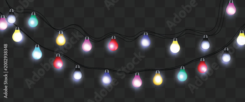  Festive Christmas light multicolored garlands PNG. Decor element for postcards, invitations, backgrounds, business cards. Winter new collection 2026.