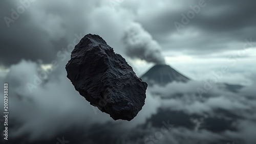 A dark volcanic rock flying through an ashy sky near an erupting volcano.
