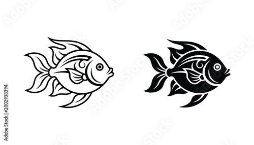 Exotic fish vector icon set featuring ornate fin details in both thin outline and solid black silhouette styles for aquarium or tropical branding