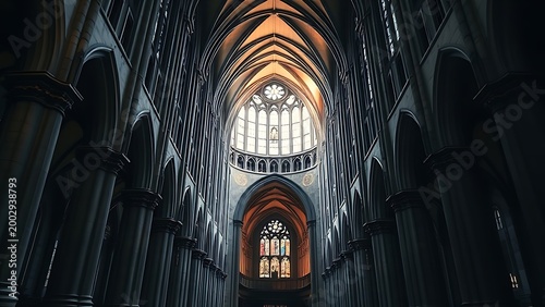 Architectural view of a grand cathedral's transept with stone columns and vaulted ceilings.