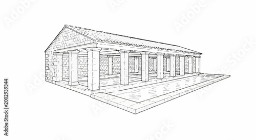 Ancient stone building with a covered walkway and tiled roof