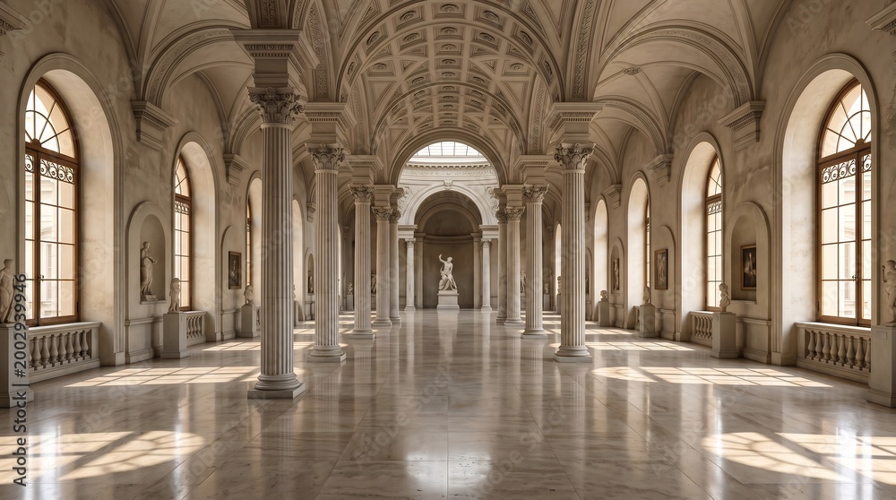 Obraz premium Grand Hallway With Columns and Arched Ceiling, Bathed in Natural Light
