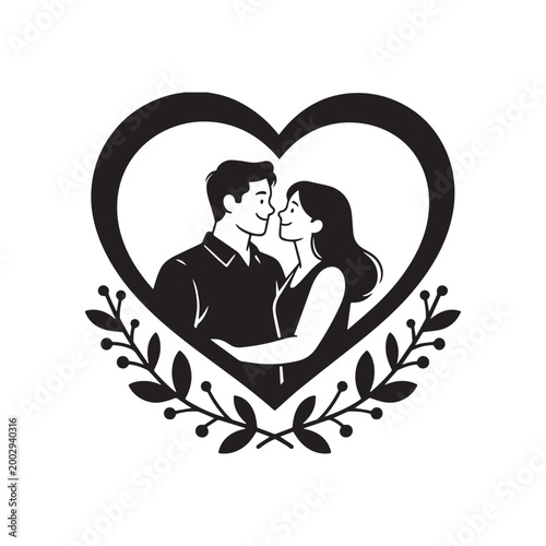 Romantic Couple Silhouette Illustration with Heart Frame and Laurel Wreath Design Elements. 