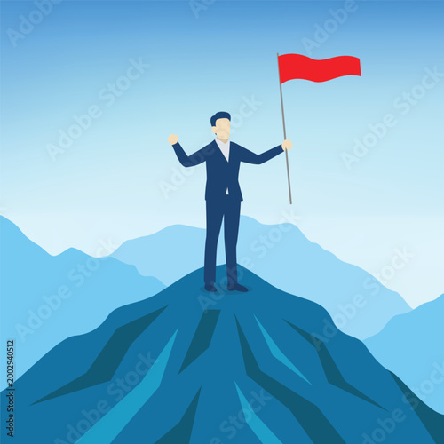 Φωτογραφία businessman standing on a mountain peak, holding flag, symbolizing success, achievement, and victory
