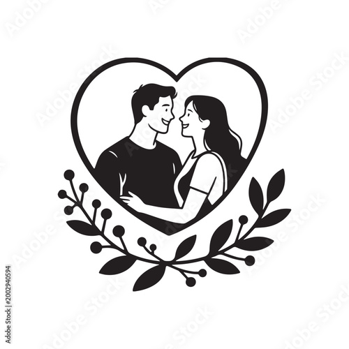 Romantic Couple Silhouette Illustration with Heart Frame and Laurel Wreath Design Elements. 