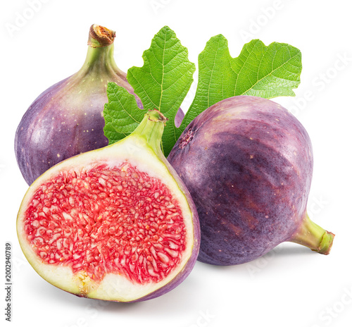 Cuadro en lienzo Fig fruits with fig leaves and fig pieces isolated on white background
