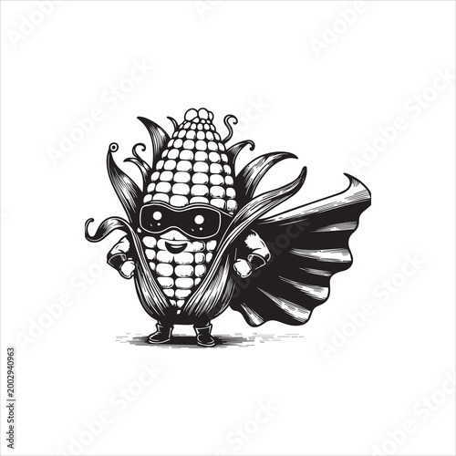 A cartoon corn character wearing a superhero cape and mask, standing against a clean white background with a vector illustration design, featuring bold black lines and shading.