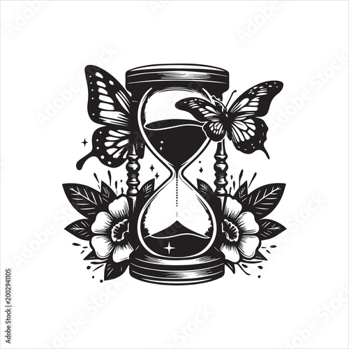 Black and white vector illustration of an hourglass with butterflies and flowers, featuring a logo design with floral elements on a clean white background.