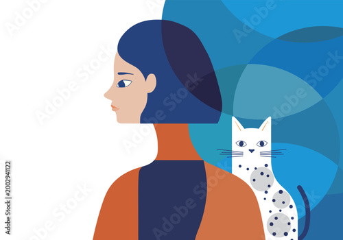 考える女性と見守る猫の静かなアートイラスト