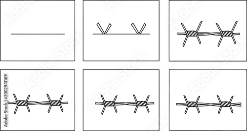 Detailed instructional sketch showing the sequential process of constructing sharp barbed wire for security fencing systems